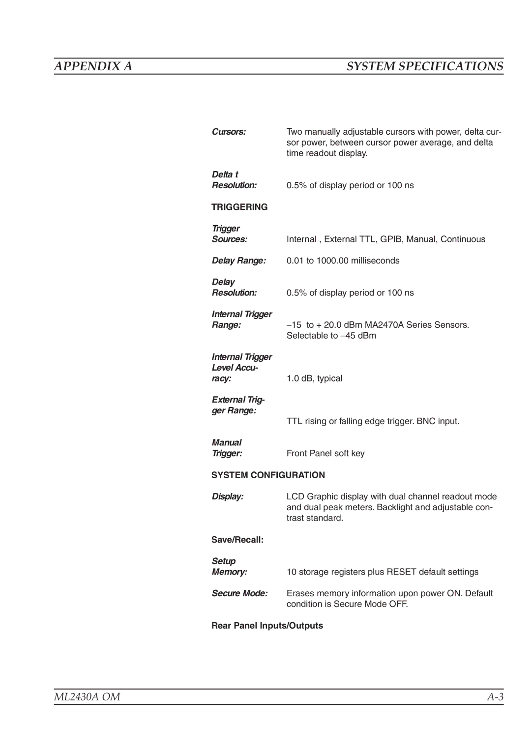 Anritsu ML2430A operation manual System Specifications, Triggering, Save/Recall, Setup, Rear Panel Inputs/Outputs 