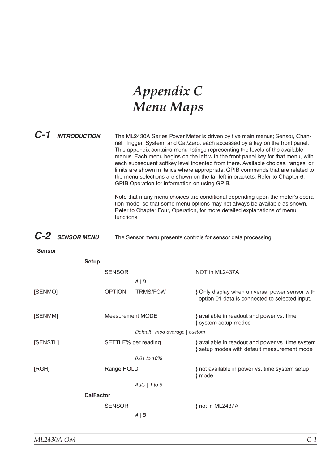 Anritsu ML2430A operation manual Menu Maps, Sensor Menu 