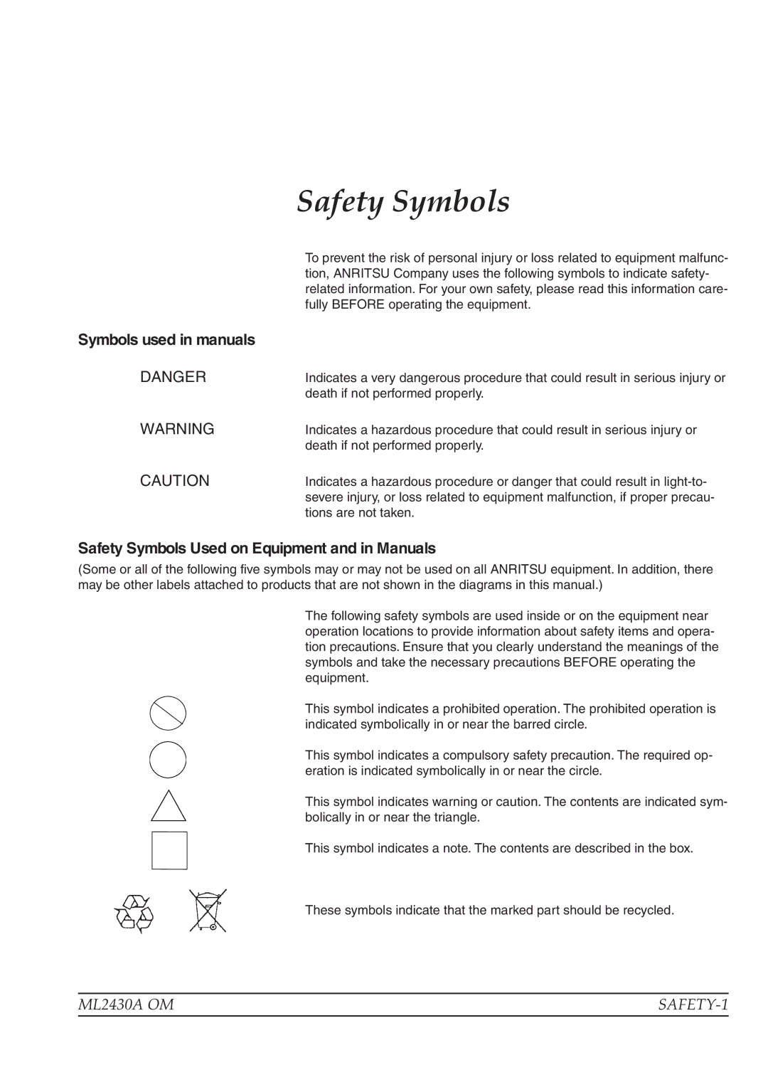 Anritsu ML2430A operation manual Safety Symbols 