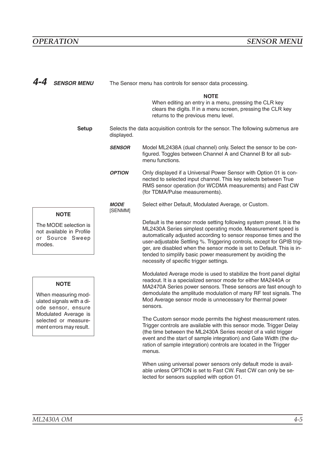 Anritsu ML2430A operation manual Sensor Menu, 4SENSOR Menu, Setup 