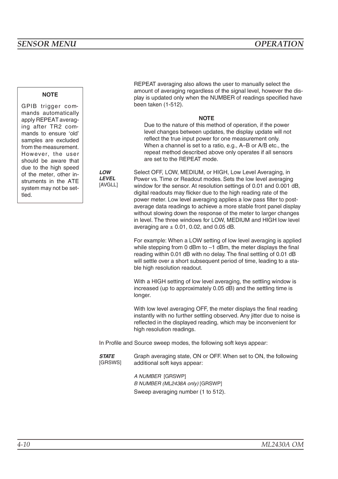 Anritsu ML2430A operation manual Select OFF, LOW, MEDIUM, or HIGH, Low Level Averaging 