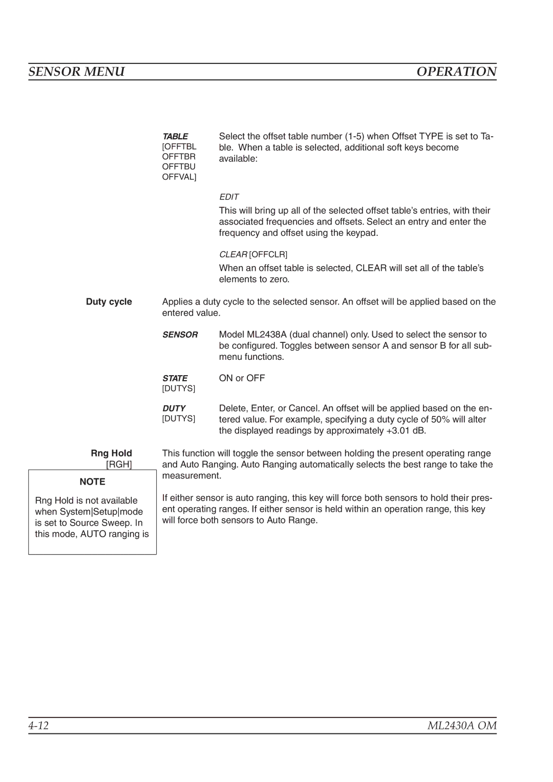 Anritsu ML2430A operation manual Duty cycle, Rng Hold, Rgh 