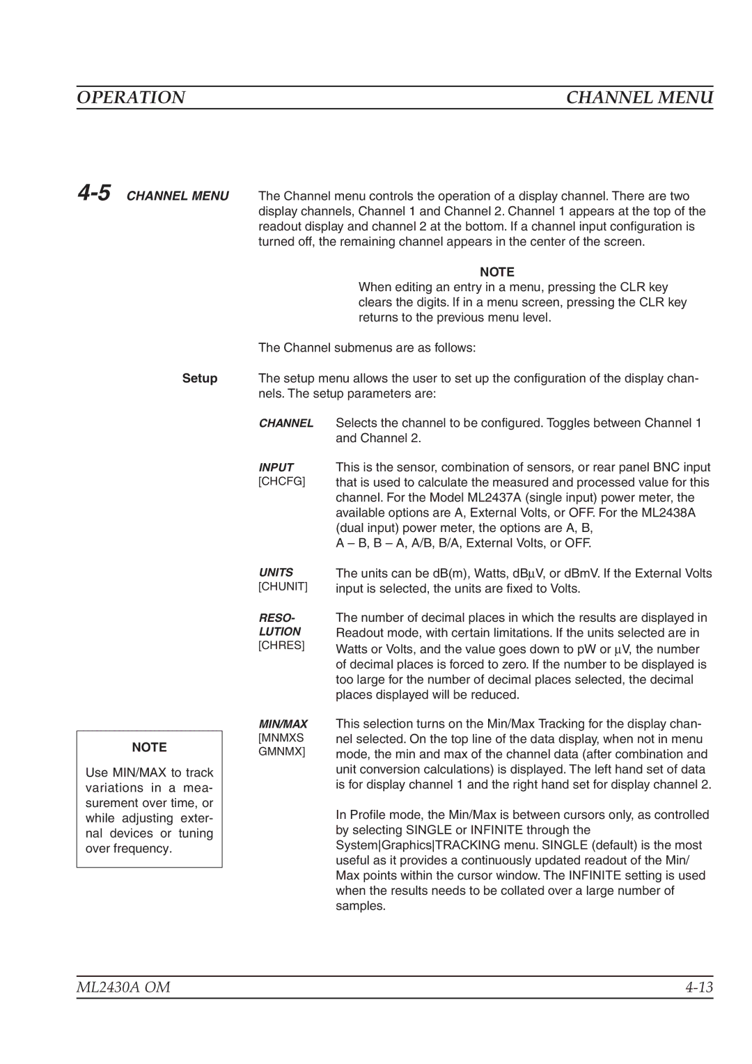 Anritsu ML2430A operation manual Channel Menu, 5CHANNEL Menu 