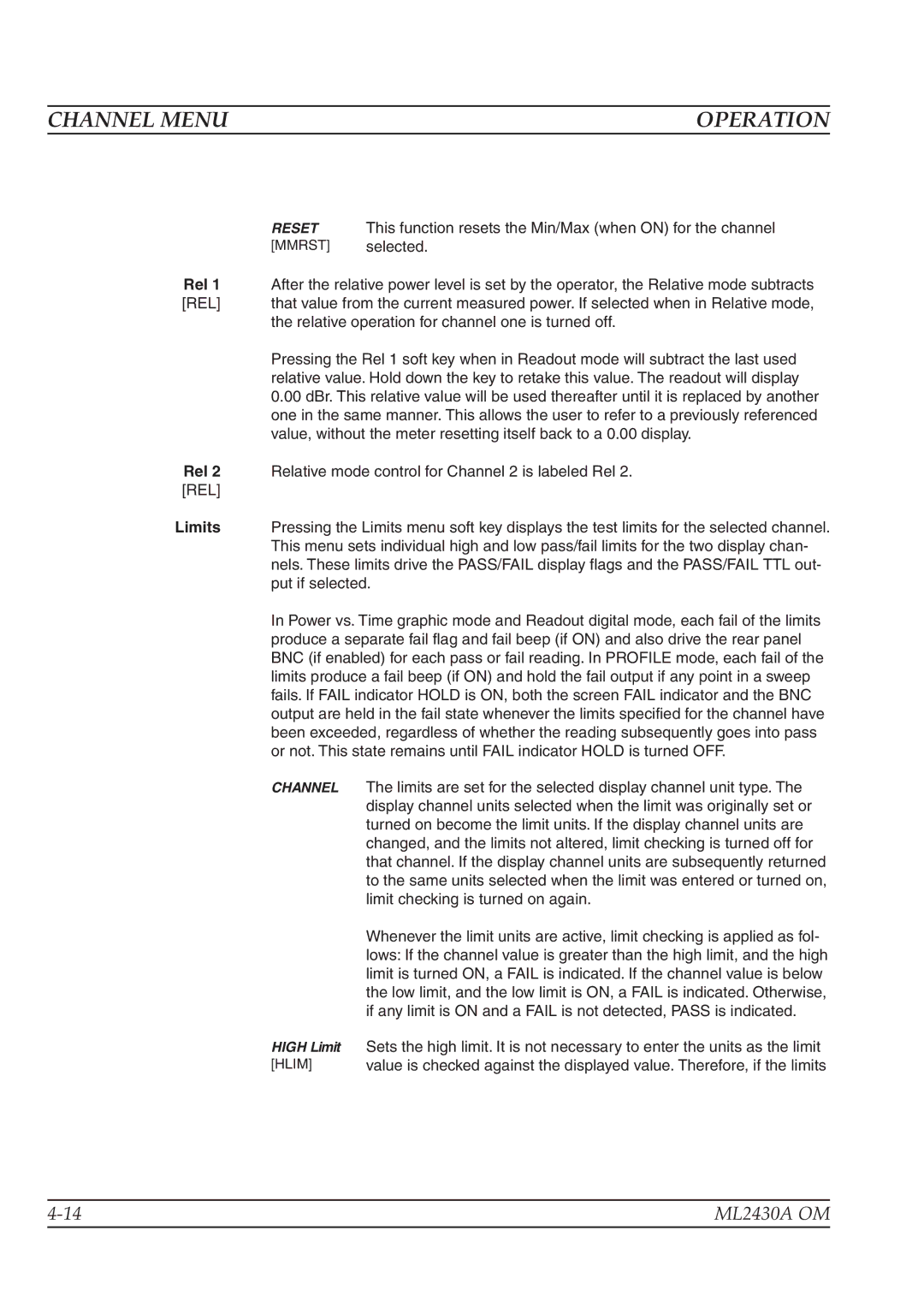 Anritsu ML2430A operation manual Channel Menu 