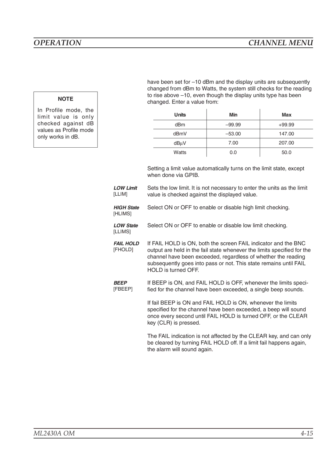 Anritsu ML2430A operation manual If fail Beep is on and Fail Hold is ON, whenever the limits 