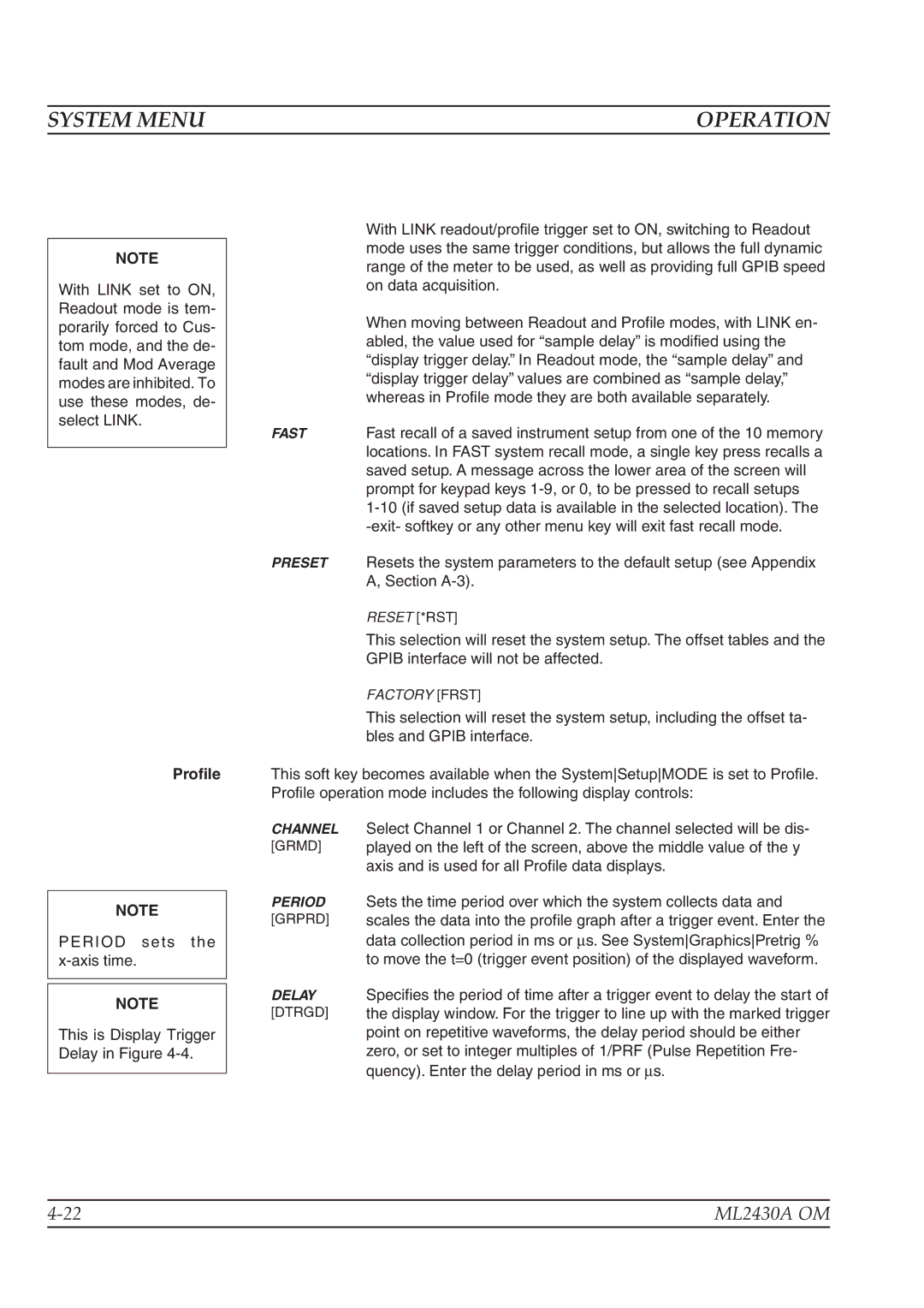 Anritsu ML2430A operation manual System Menu, Profile 