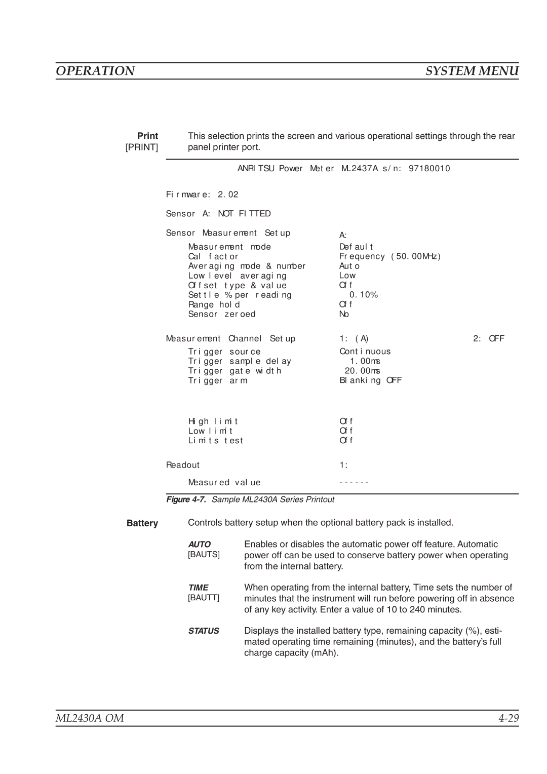 Anritsu ML2430A operation manual Print, Battery 