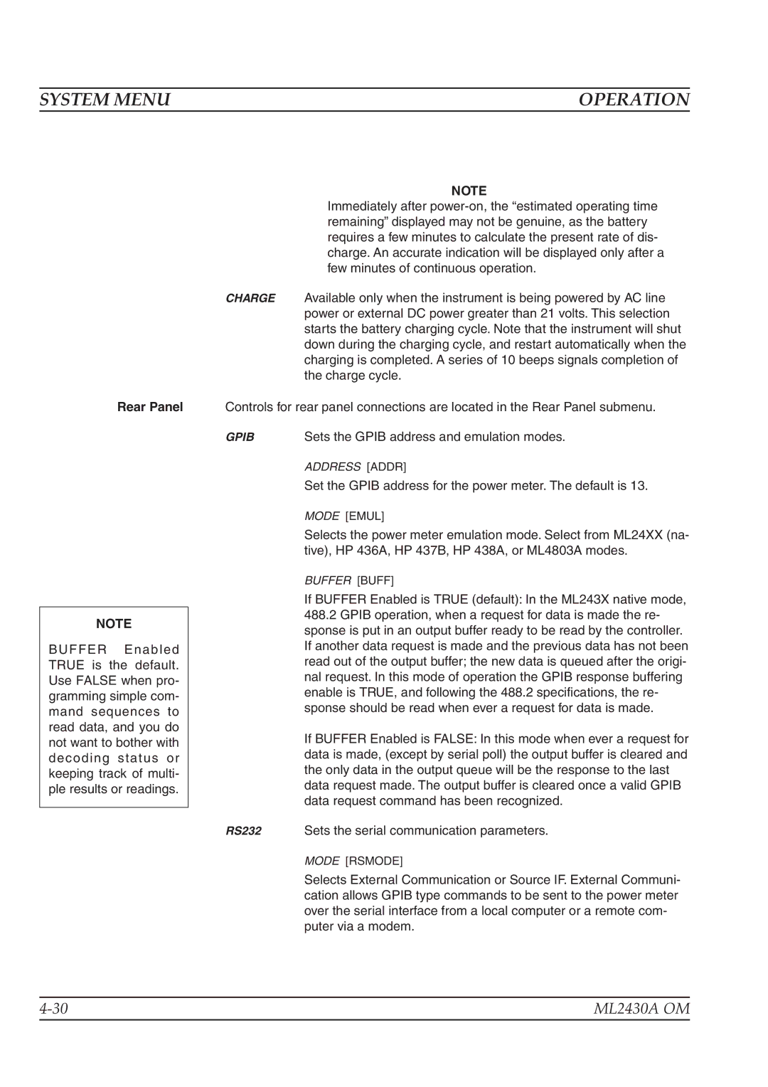 Anritsu ML2430A operation manual Rear Panel, Sets the Gpib address and emulation modes 