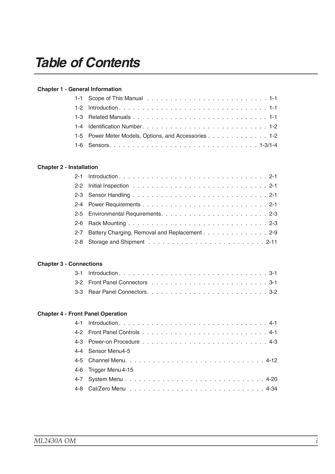 Anritsu ML2430A operation manual Table of Contents 