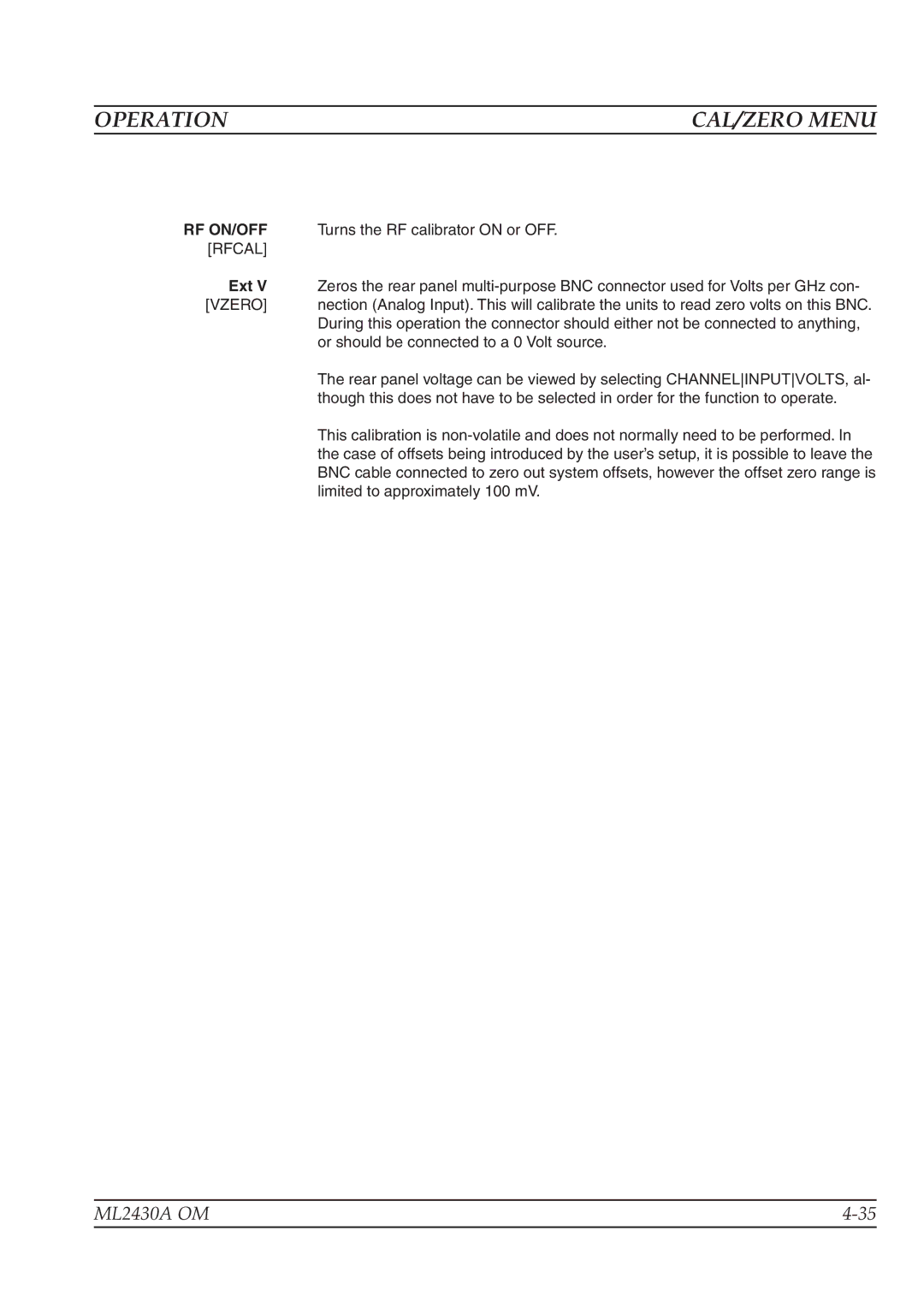 Anritsu ML2430A operation manual CAL/ZERO Menu 