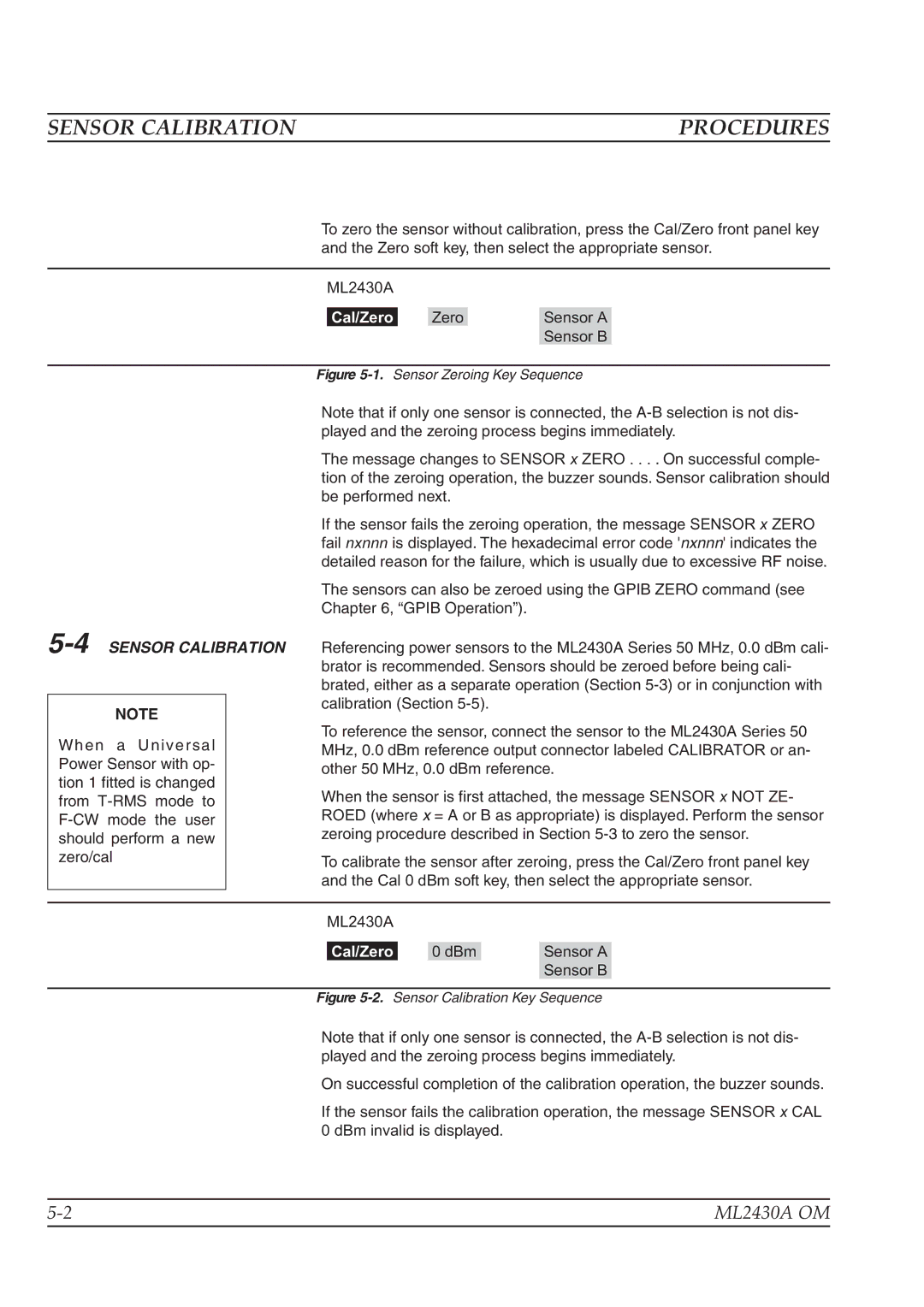 Anritsu ML2430A operation manual Sensor Calibration, Procedures, 4SENSOR Calibration 