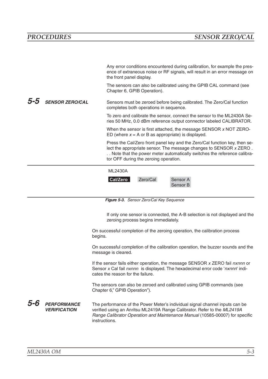 Anritsu ML2430A operation manual Procedures, Sensor ZERO/CAL, Performance, Verification 