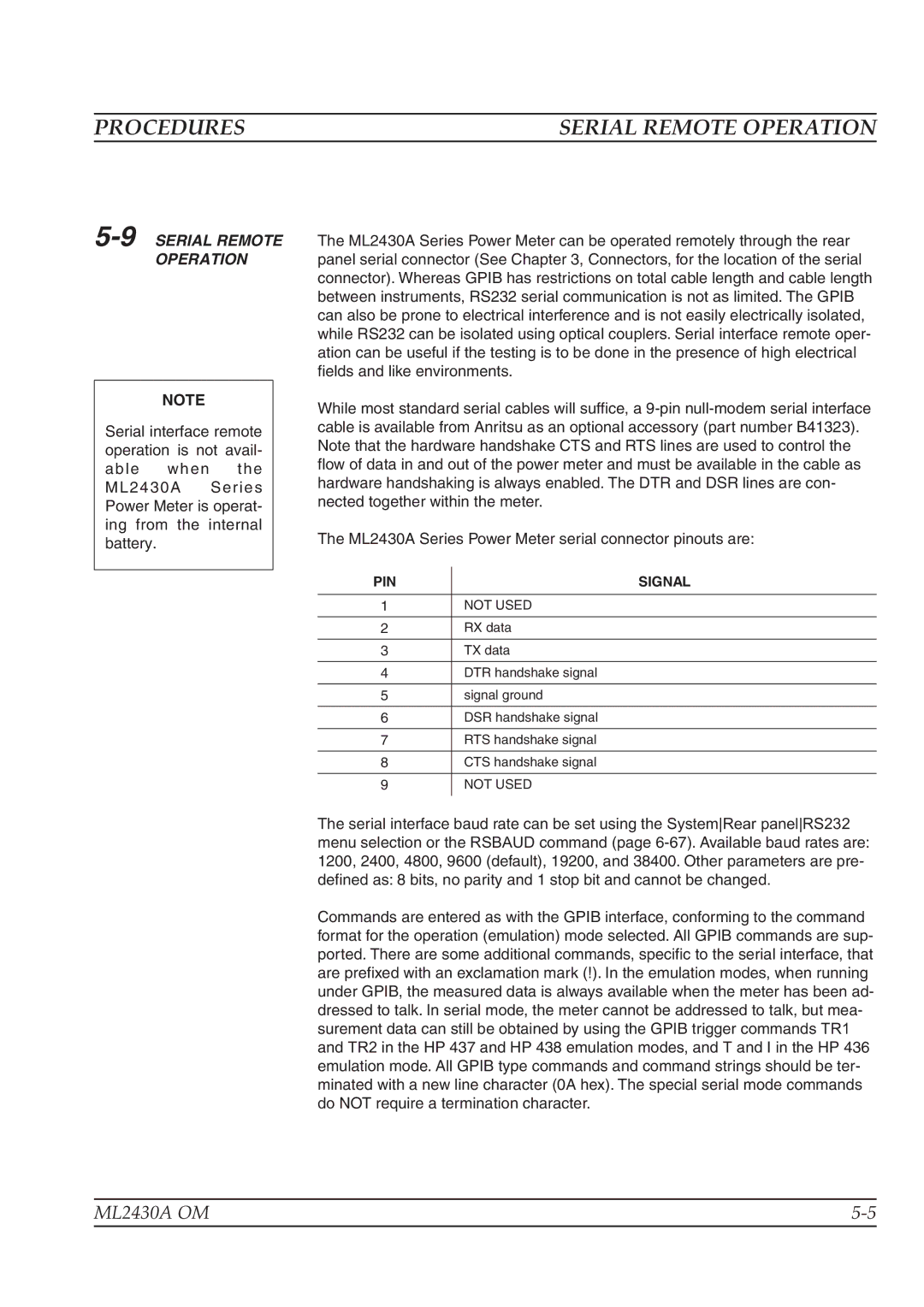 Anritsu ML2430A operation manual Serial Remote Operation, 9SERIAL Remote Operation 