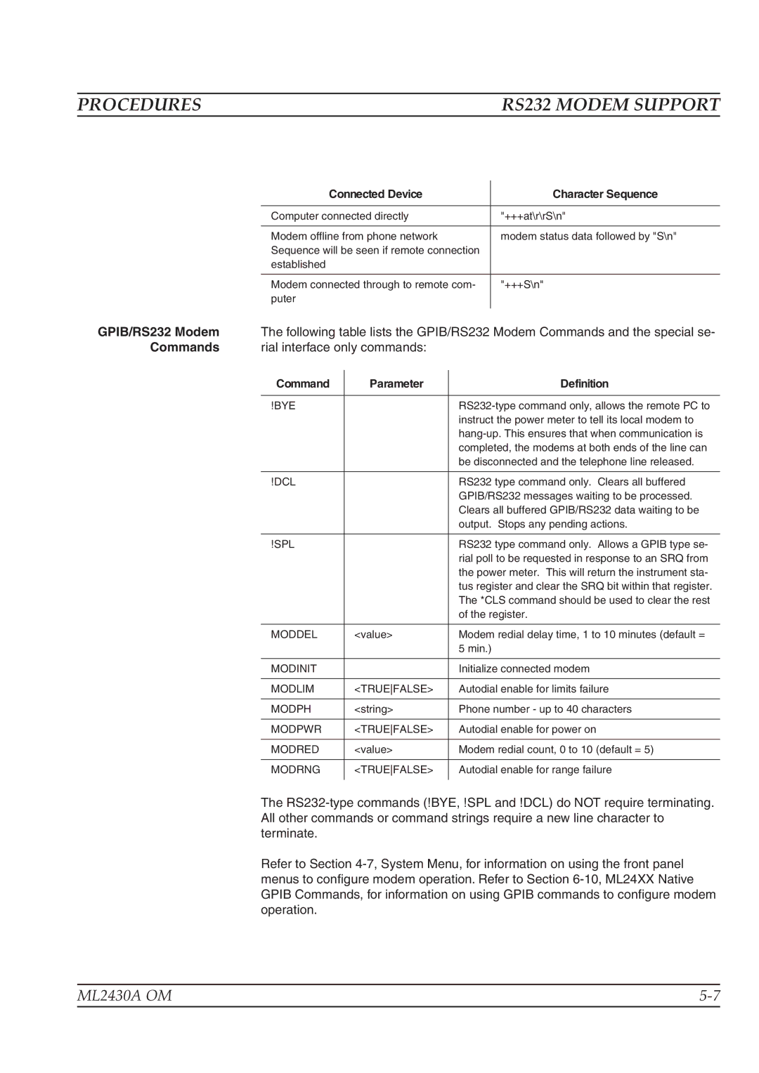 Anritsu ML2430A operation manual RS232 Modem Support, Connected Device Character Sequence 