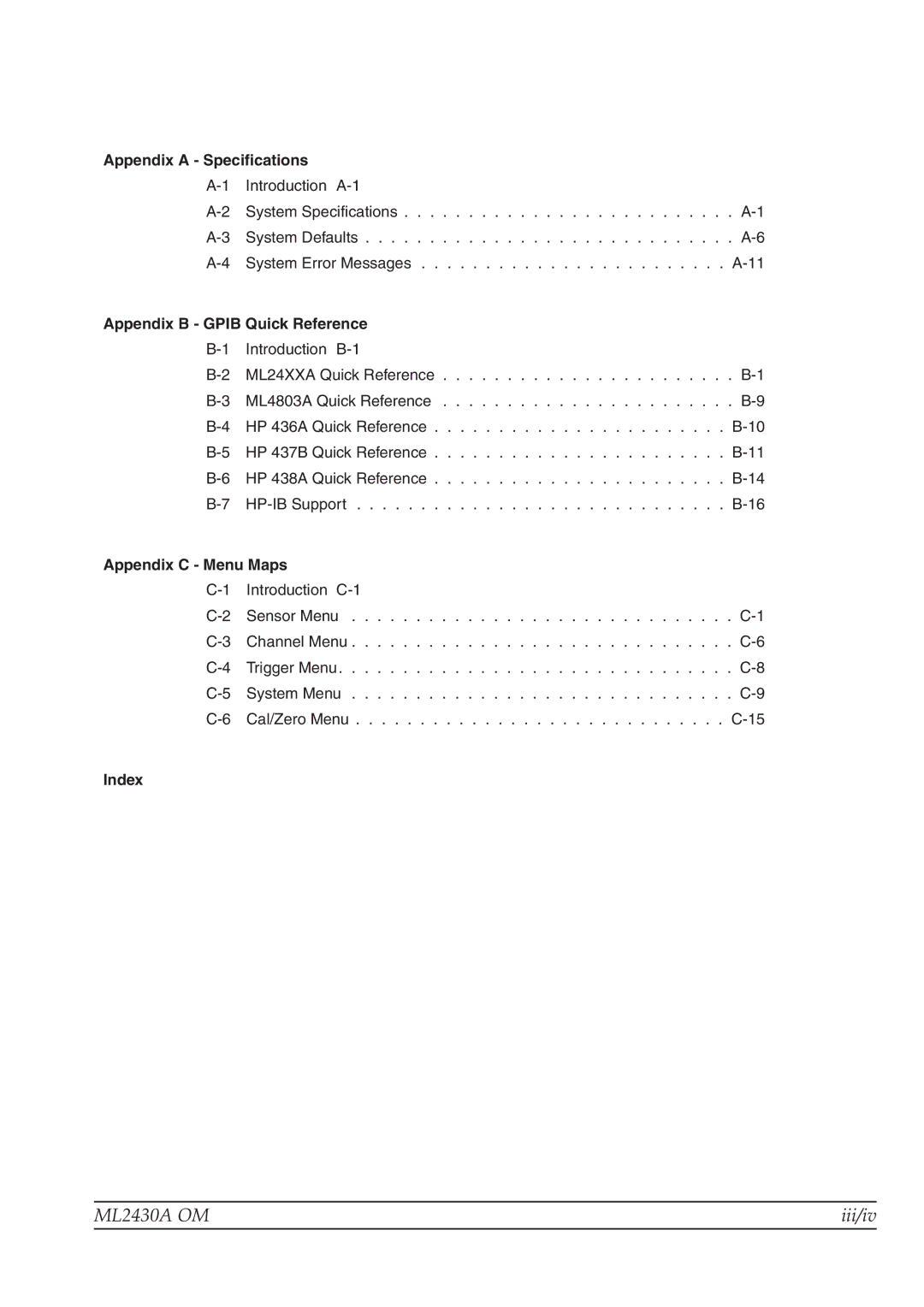 Anritsu ML2430A operation manual Appendix a Specifications, Appendix B Gpib Quick Reference, Appendix C Menu Maps, Index 