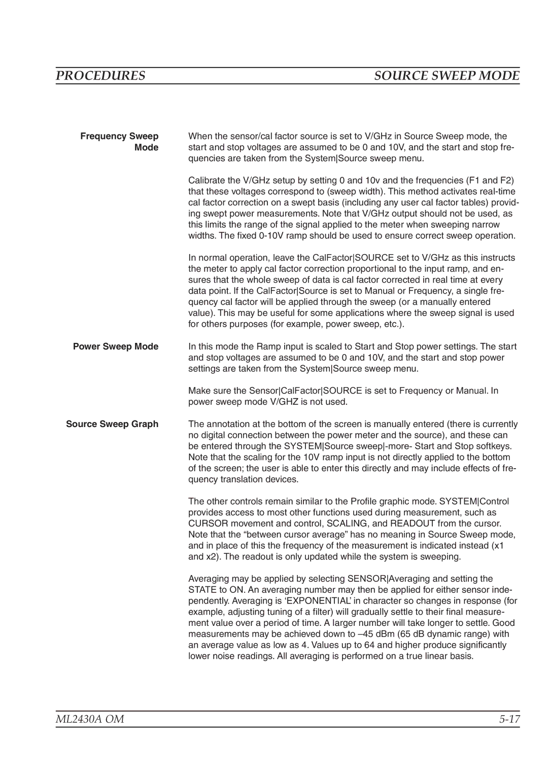 Anritsu ML2430A operation manual Source Sweep Mode, Frequency Sweep, Power Sweep Mode 