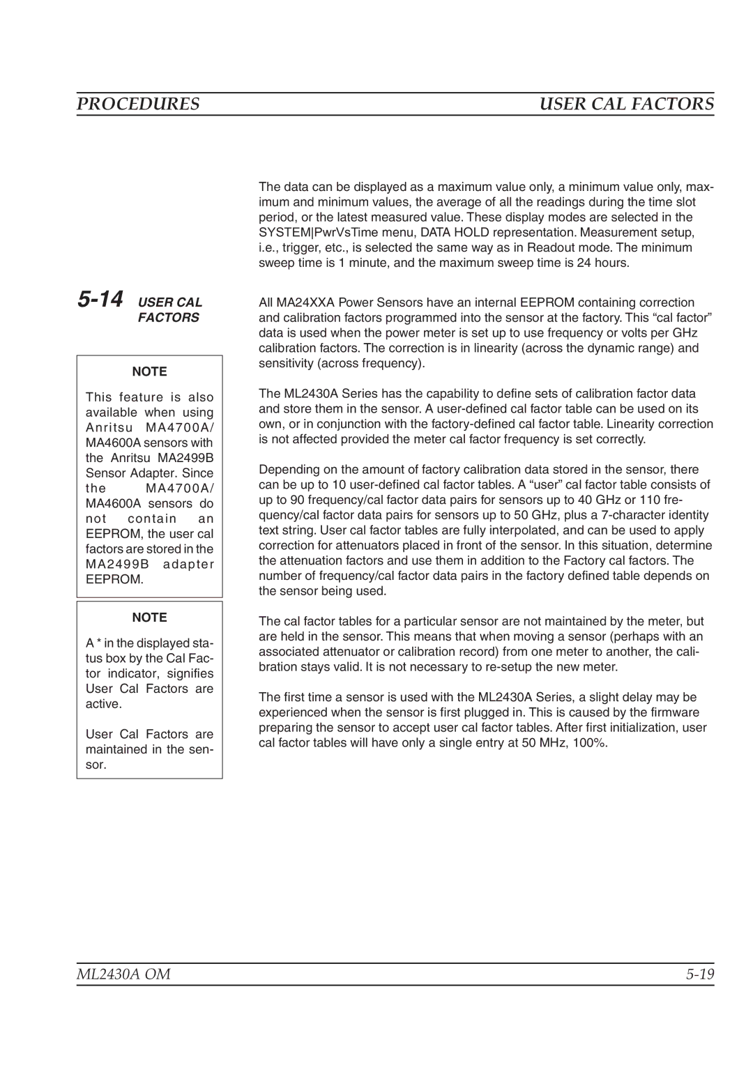 Anritsu ML2430A operation manual User CAL Factors, 14USER CAL Factors, Eeprom 
