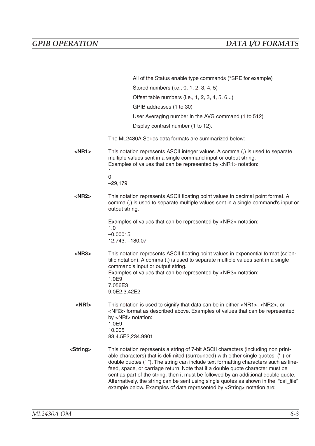 Anritsu ML2430A operation manual Gpib Operation, Data I/O Formats 