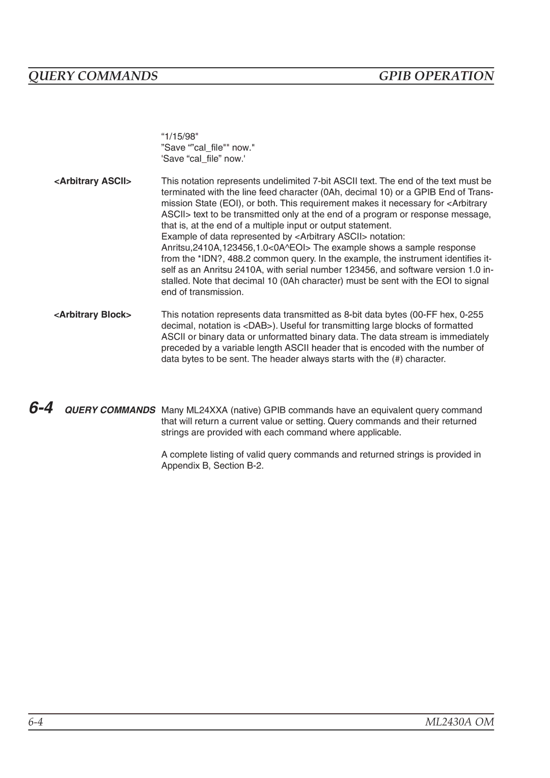 Anritsu ML2430A operation manual Query Commands, Arbitrary Ascii, Arbitrary Block 