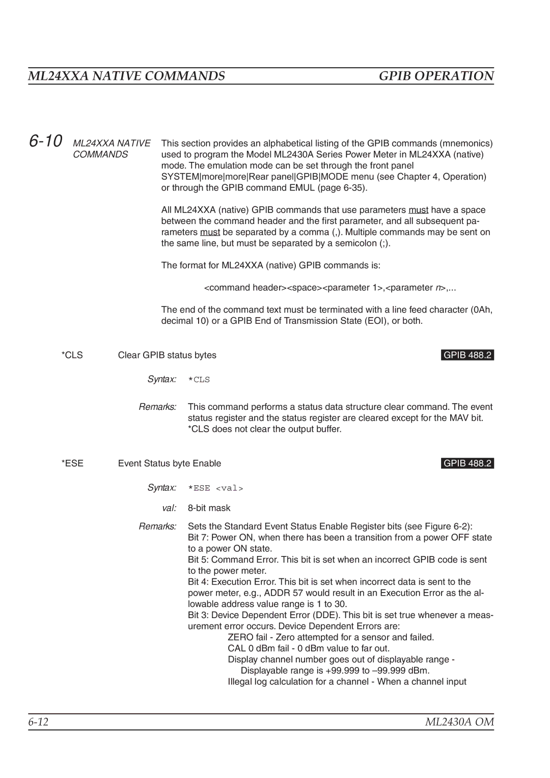 Anritsu ML2430A operation manual ML24XXA Native Commands, 10ML24XXA Native 