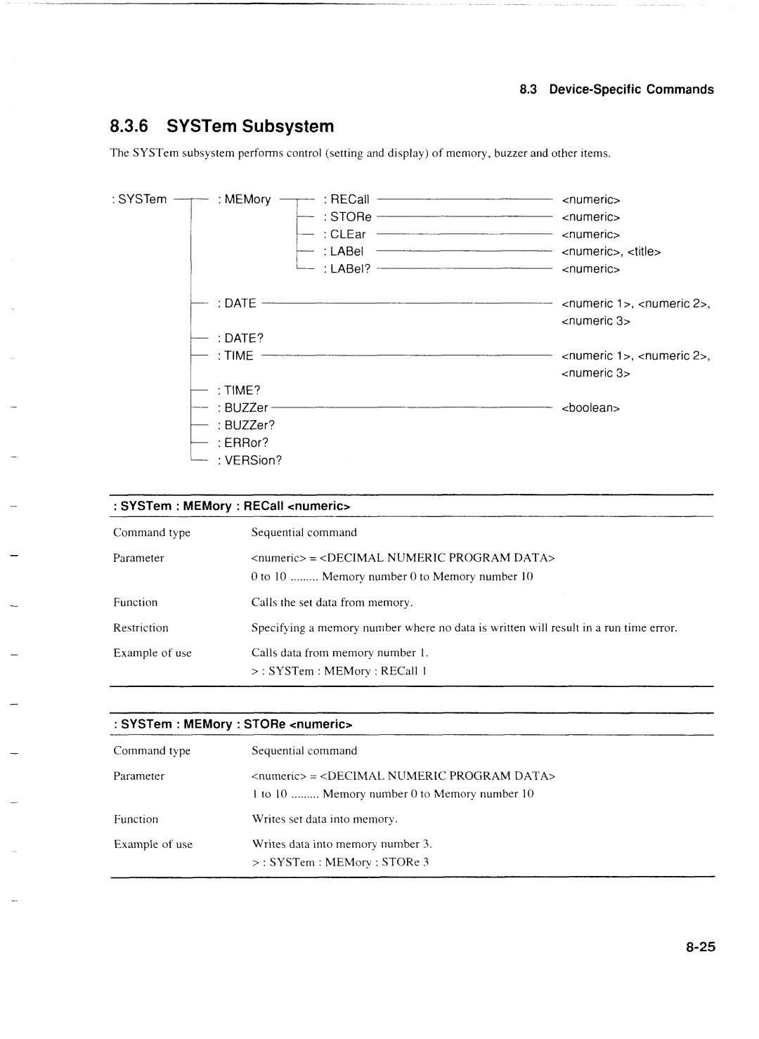 Anritsu MP1777A operation manual SYSTem MEMory RECall numeric, SYSTem MEMory STORe numeric 