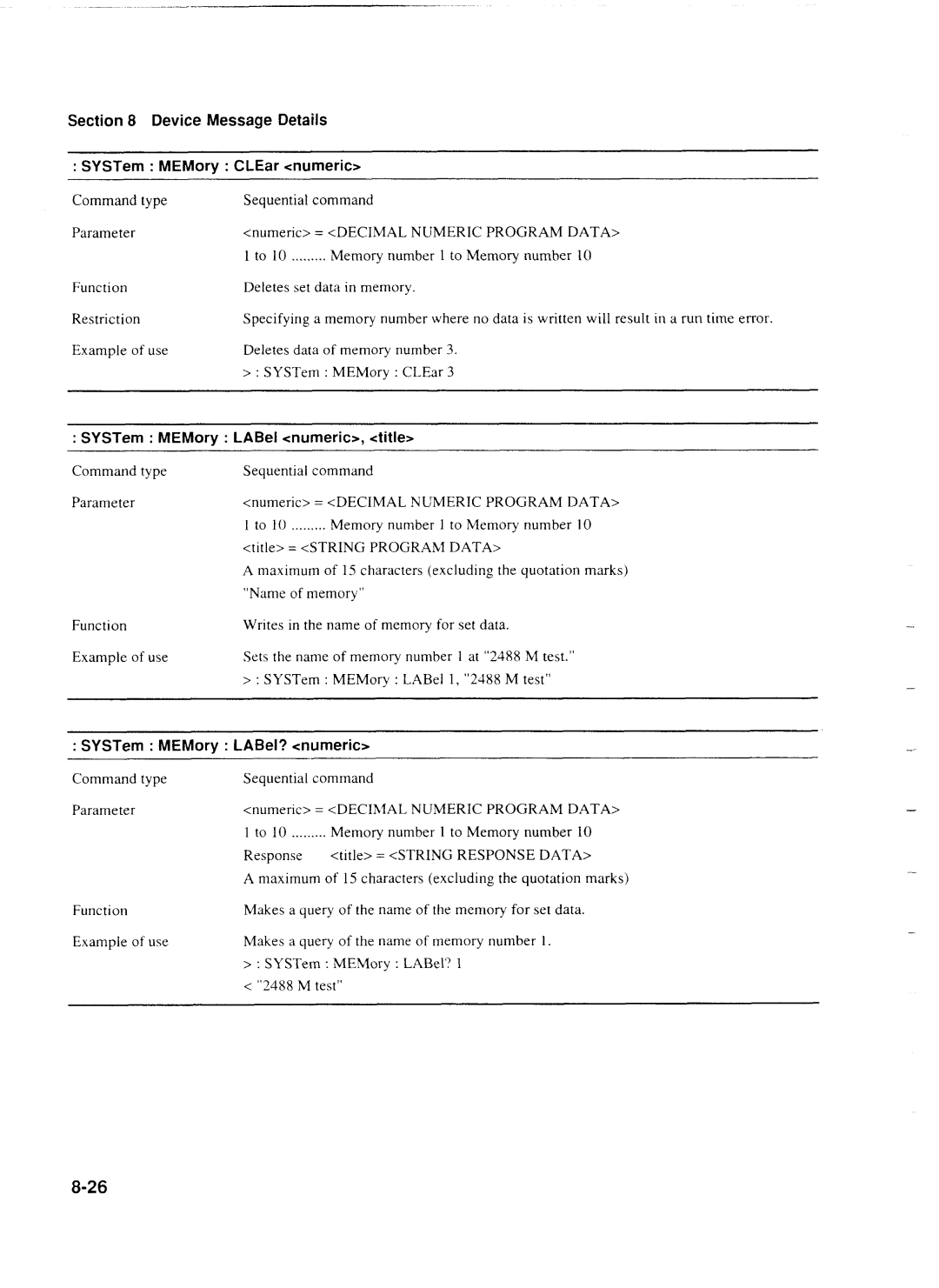 Anritsu MP1777A operation manual Device Message Details SYSTern MEMory CLEar numeric, SYSTern MEMory LABel numeric, title 