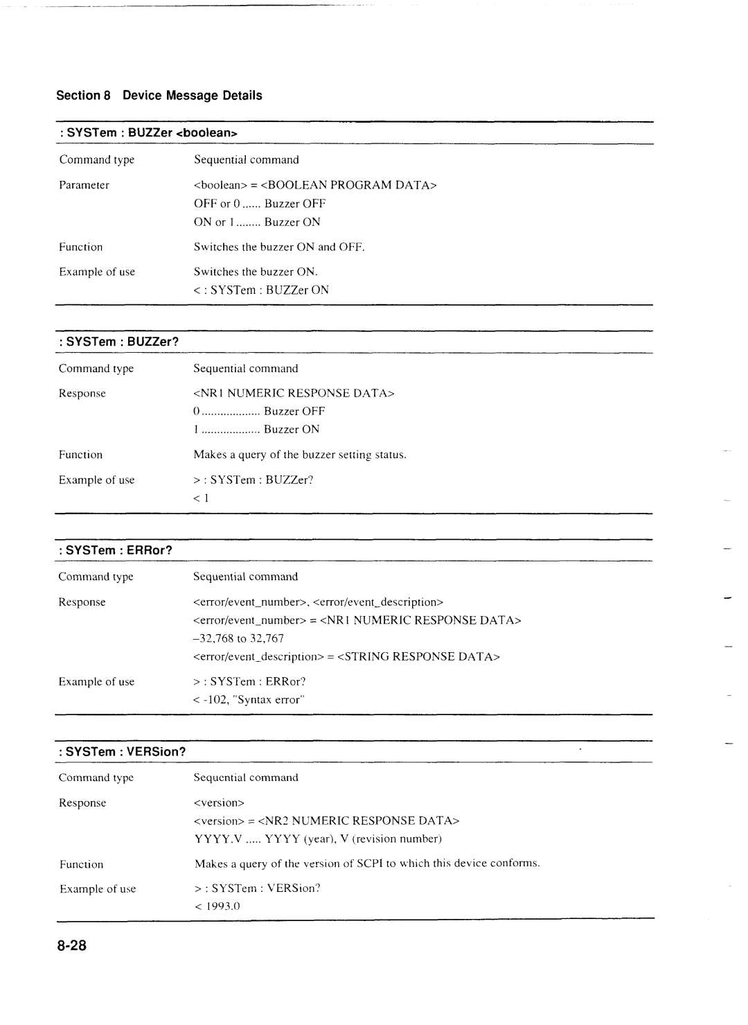 Anritsu MP1777A Device Message Details SYSTern BUZZer boolean, SYSTem BUZZer?, SYSTern ERRor?, SYSTern VERSion? 