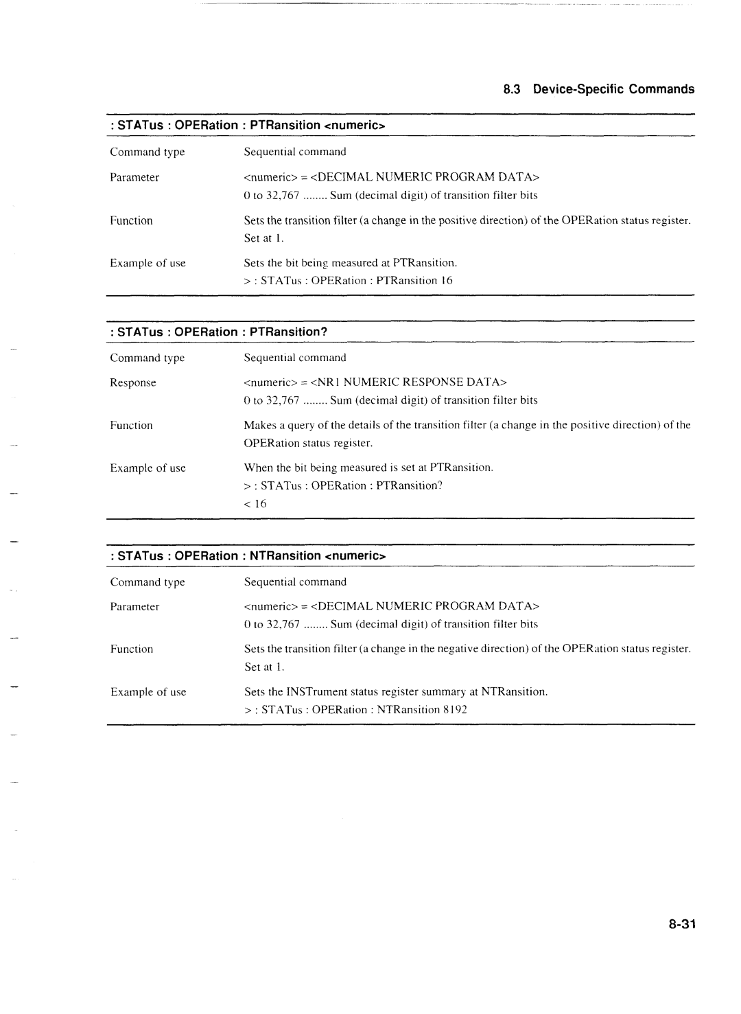 Anritsu MP1777A operation manual STATus OPERation PTRansition?, Status OPERation NTRansition numeric 