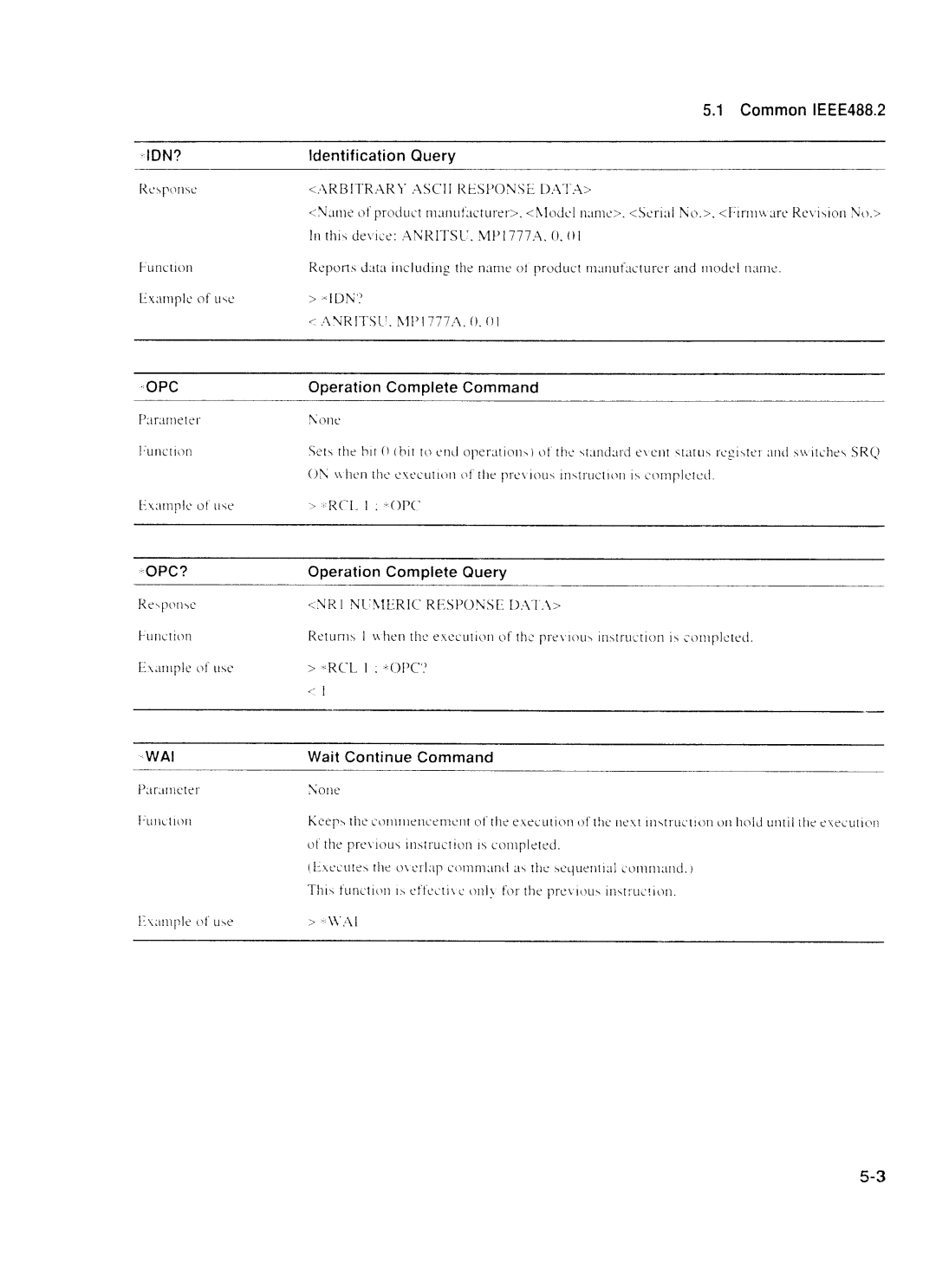 Anritsu MP1777A Identification Query, Operation Complete Command, Operation Complete Query, Wait Continue Command 