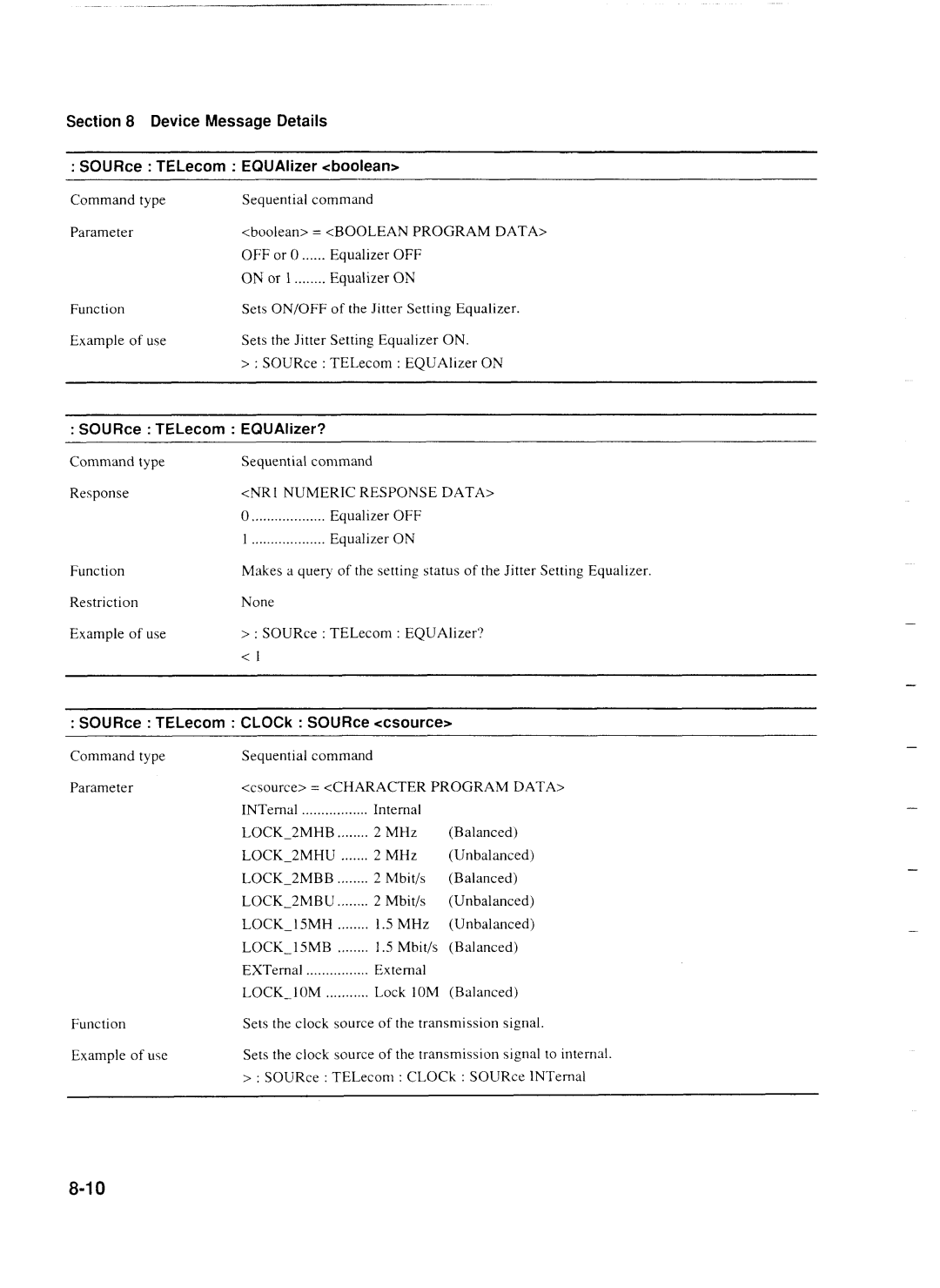 Anritsu MP1777A operation manual Device Message Details SOURce TELecom EQUAlizer boolean, SOURce TELecom EQUAlizer? 