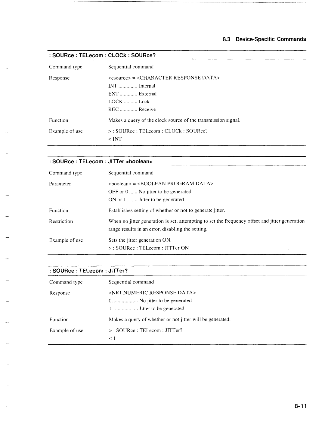 Anritsu MP1777A operation manual Device-Specific Commands SOURce TELecom CLOCk SOURce?, SOURce TELecom JlTTer boolean 