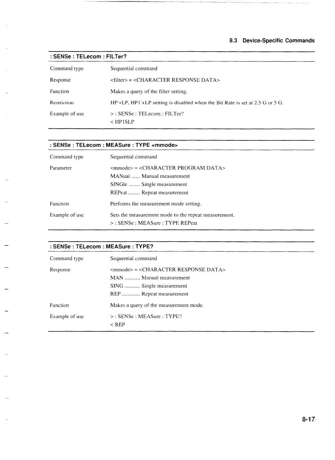 Anritsu MP1777A operation manual Device-Specific Commands SENSe TELecom FILTer?, SENSe TELecom MEASure Type mmode, REPeat 