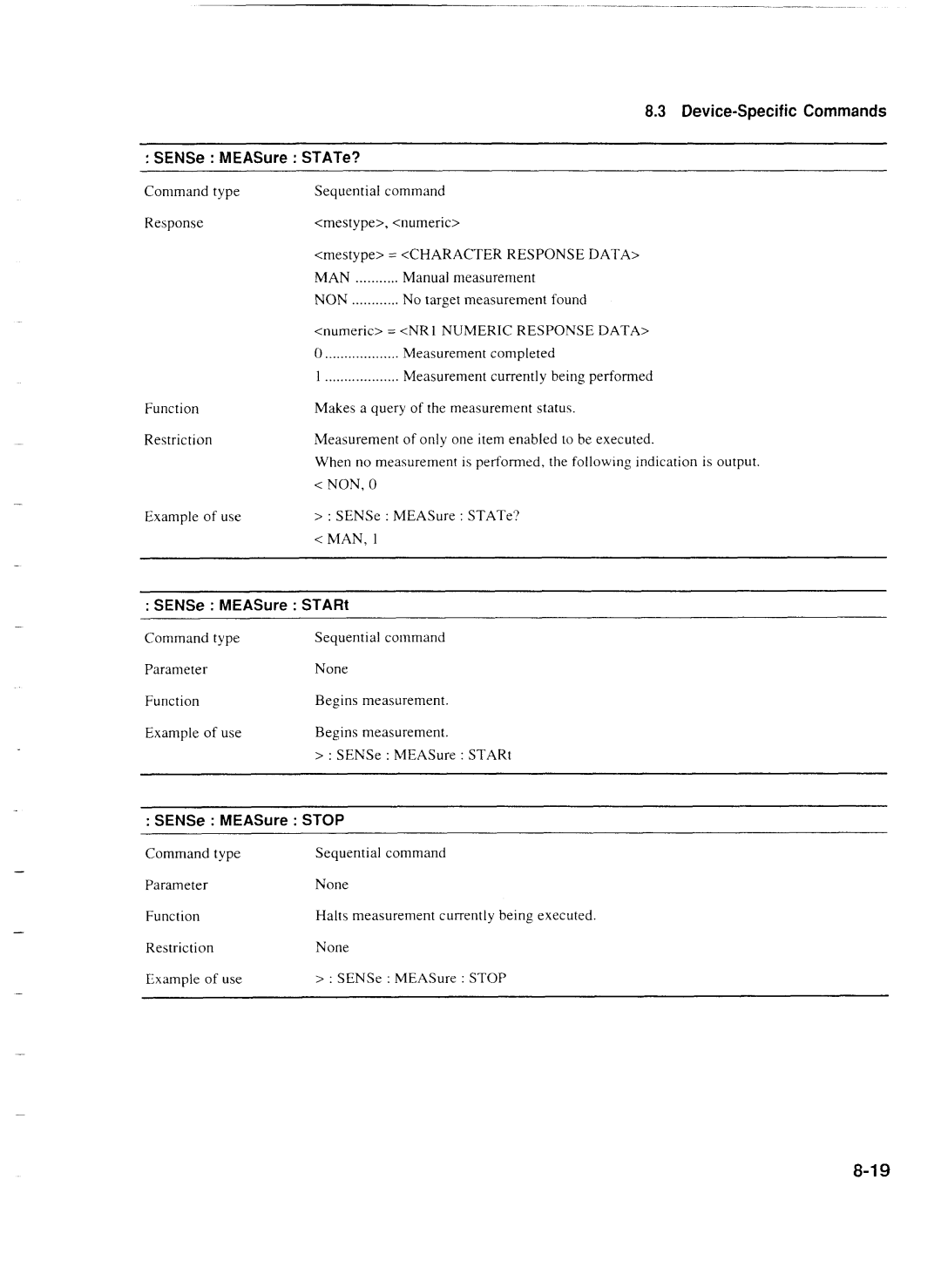 Anritsu MP1777A operation manual Device-Specific Commands SENSe MEASure STATe?, SENSe MEASure STARt, SENSe MEASure Stop 