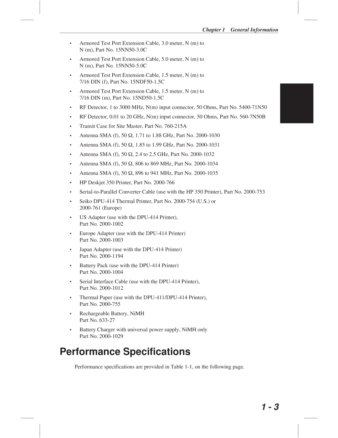 Anritsu S114C, S113C, S332C, S331C manual Performance Specifications 