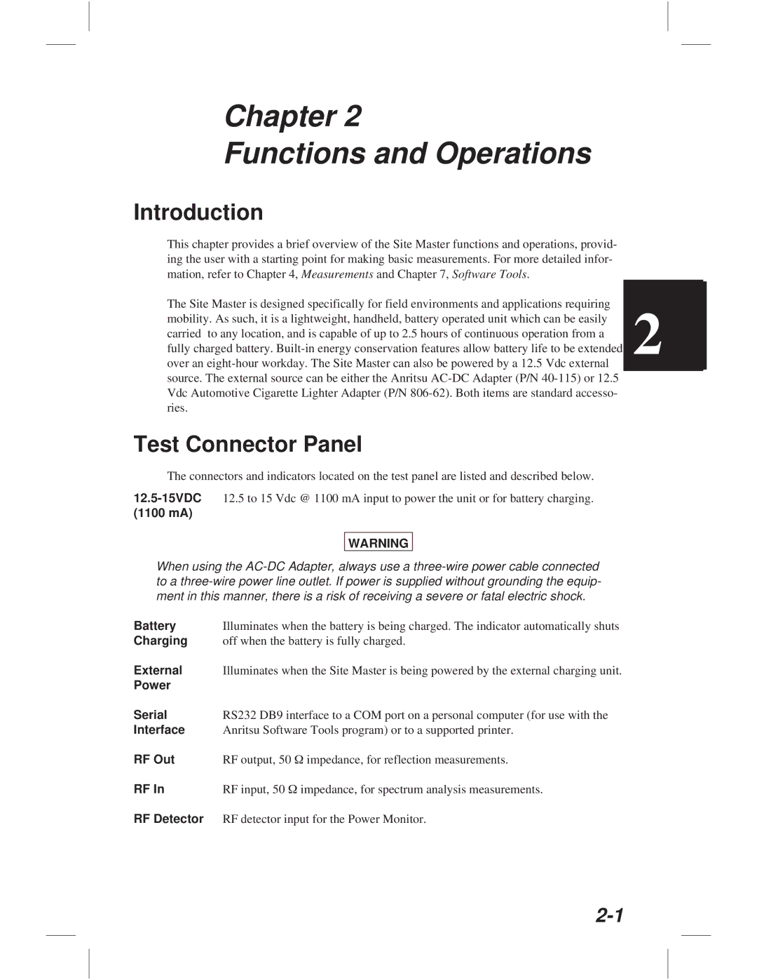 Anritsu S113C, S332C, S114C, S331C manual Chapter Functions and Operations, Test Connector Panel 