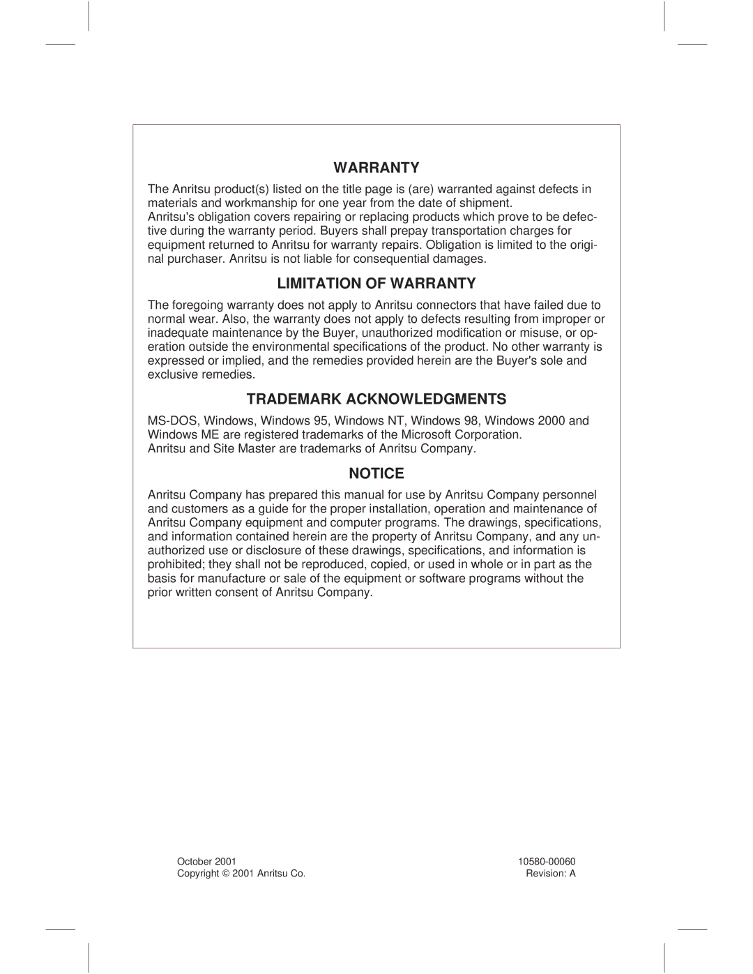 Anritsu S114C, S113C, S332C, S331C manual Warranty 