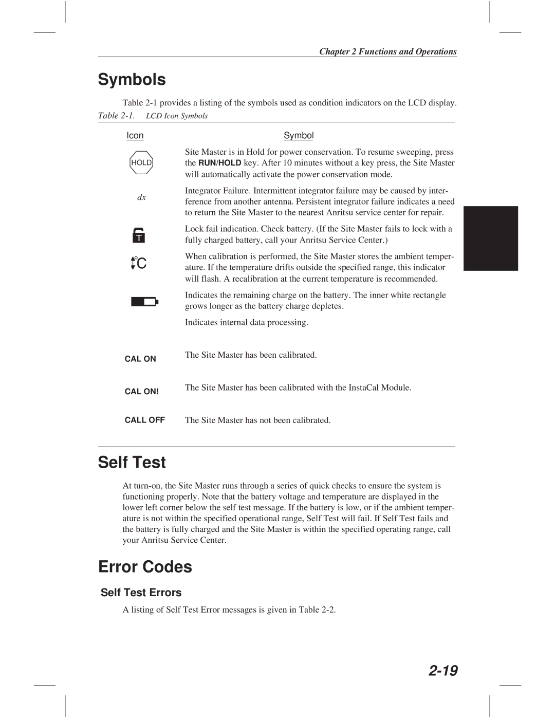 Anritsu S114C, S113C, S332C, S331C manual Symbols, Error Codes, Self Test Errors 