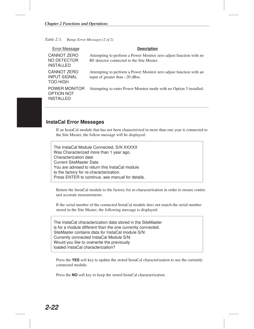 Anritsu S332C, S113C, S114C, S331C manual InstaCal Error Messages, Installed 