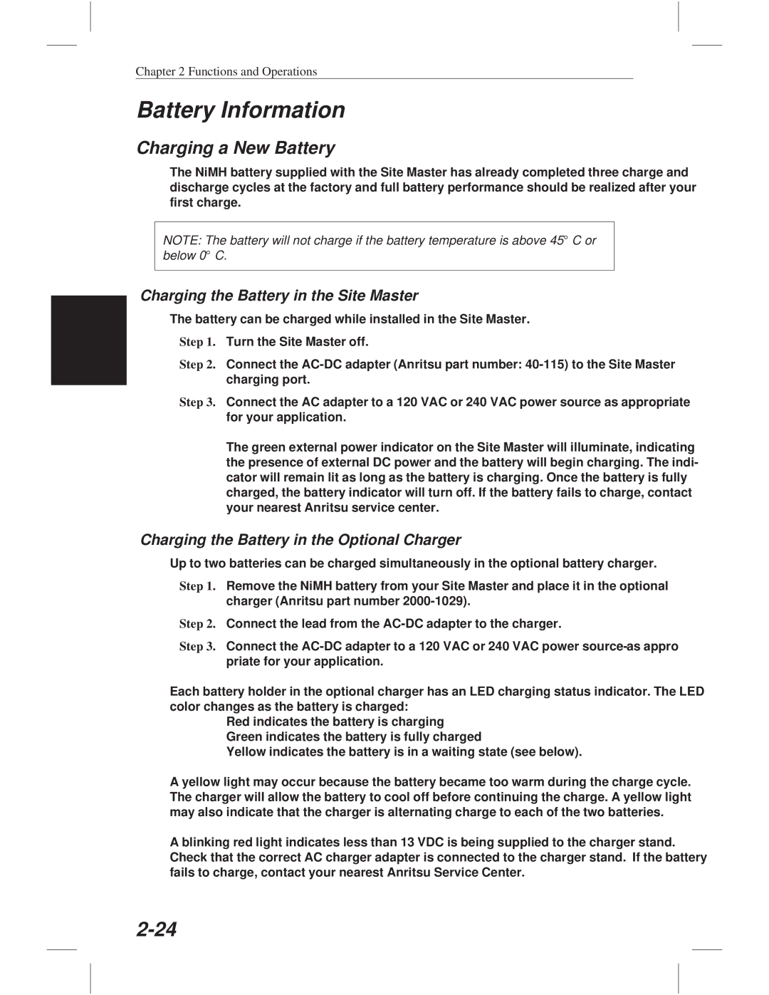 Anritsu S331C, S113C, S332C, S114C manual Battery Information, Charging a New Battery, Charging the Battery in the Site Master 