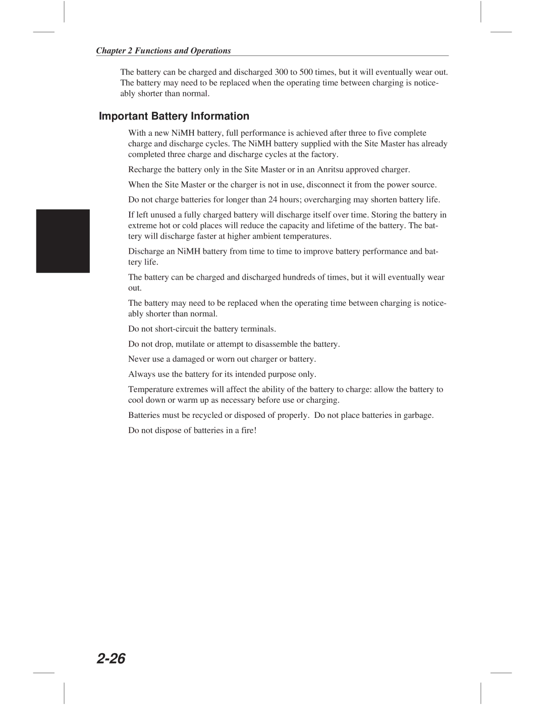 Anritsu S332C, S113C, S114C, S331C manual Important Battery Information 