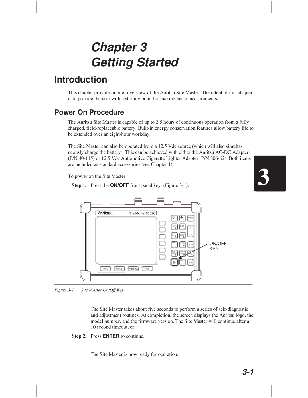 Anritsu S114C, S113C, S332C, S331C manual Chapter Getting Started, Power On Procedure 