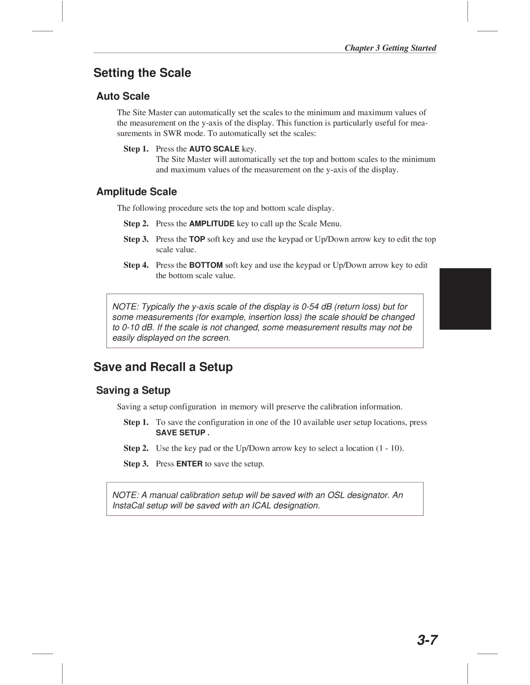 Anritsu S113C, S332C, S114C, S331C Setting the Scale, Save and Recall a Setup, Auto Scale, Amplitude Scale, Saving a Setup 