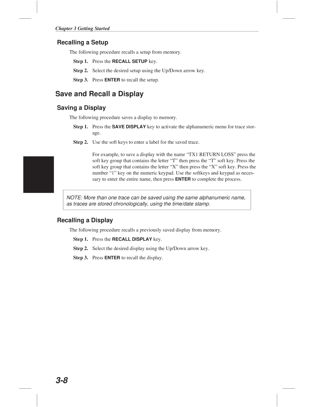 Anritsu S332C, S113C, S114C, S331C manual Save and Recall a Display, Recalling a Setup, Saving a Display, Recalling a Display 