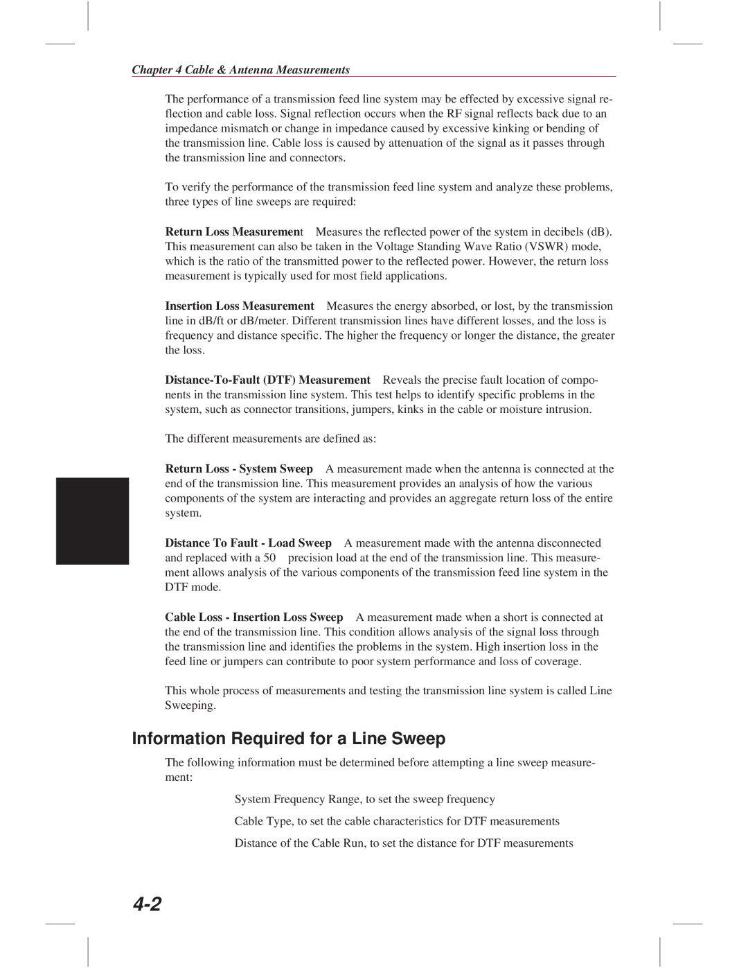 Anritsu S331C, S113C, S332C, S114C manual Information Required for a Line Sweep, Cable & Antenna Measurements 