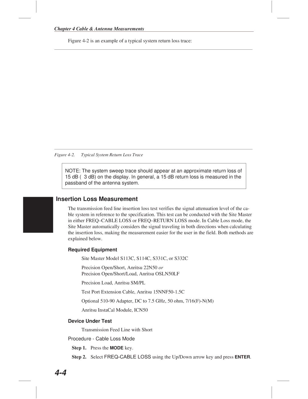Anritsu S332C, S113C, S114C, S331C manual Insertion Loss Measurement, Procedure Cable Loss Mode 