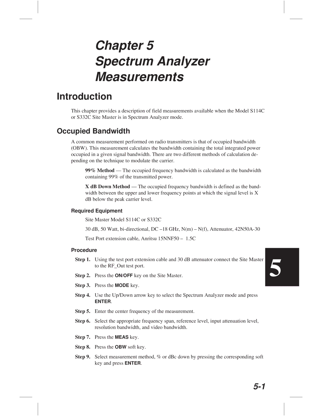 Anritsu S114C, S113C, S332C, S331C manual Chapter Spectrum Analyzer Measurements, Occupied Bandwidth 