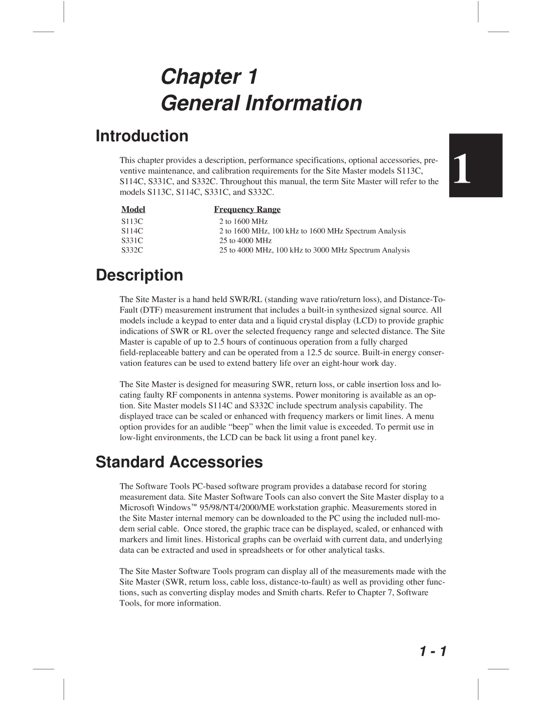 Anritsu S113C, S332C, S114C, S331C manual Chapter General Information, Introduction, Description, Standard Accessories 