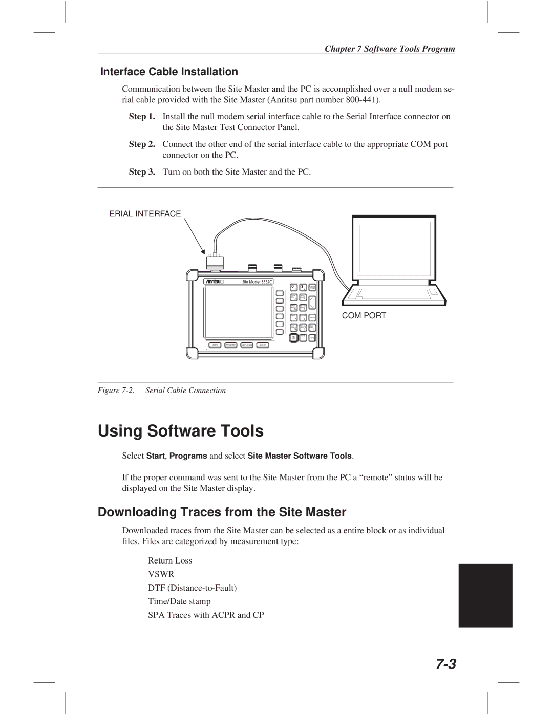 Anritsu S113C, S332C, S114C Using Software Tools, Downloading Traces from the Site Master, Interface Cable Installation 