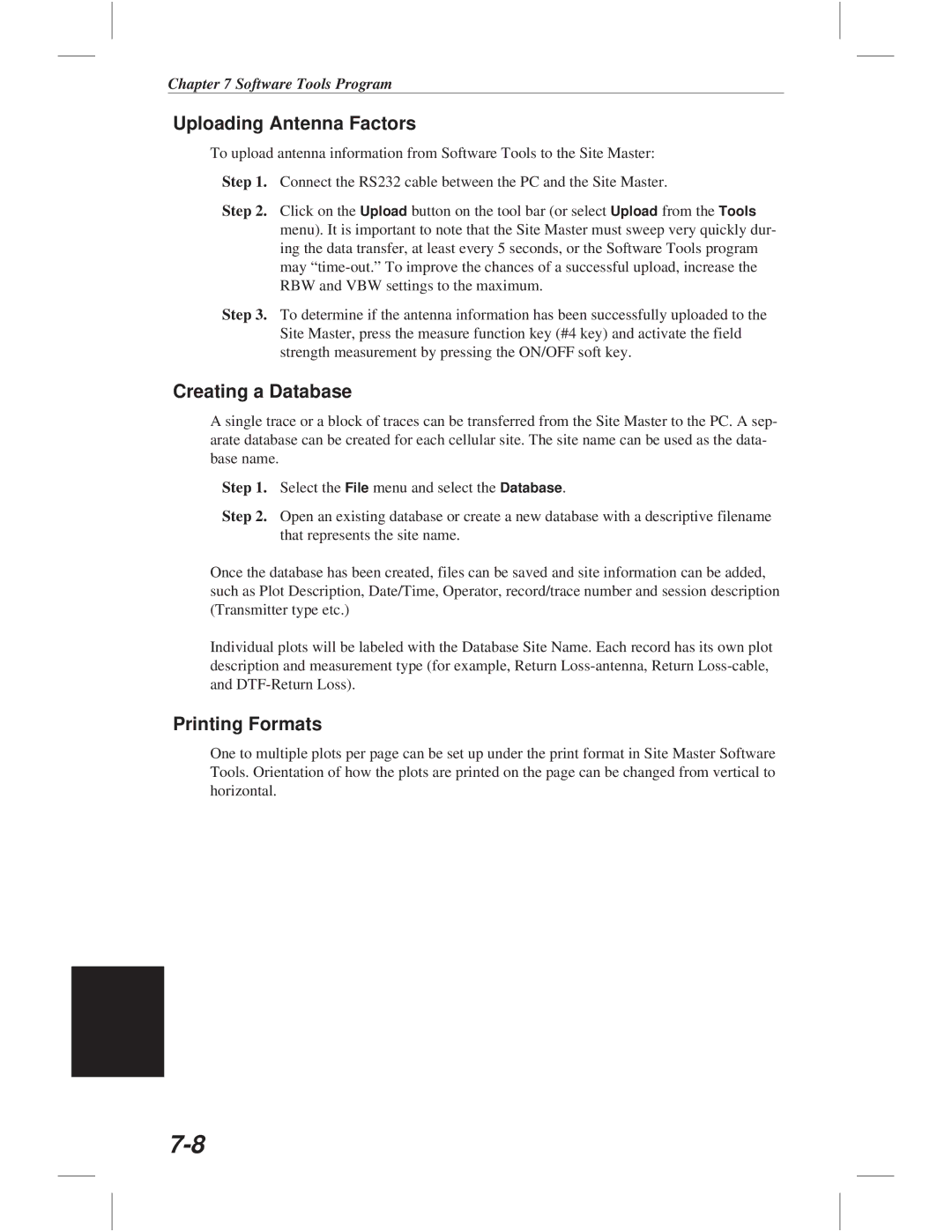 Anritsu S332C, S113C, S114C, S331C manual Uploading Antenna Factors, Creating a Database, Printing Formats 