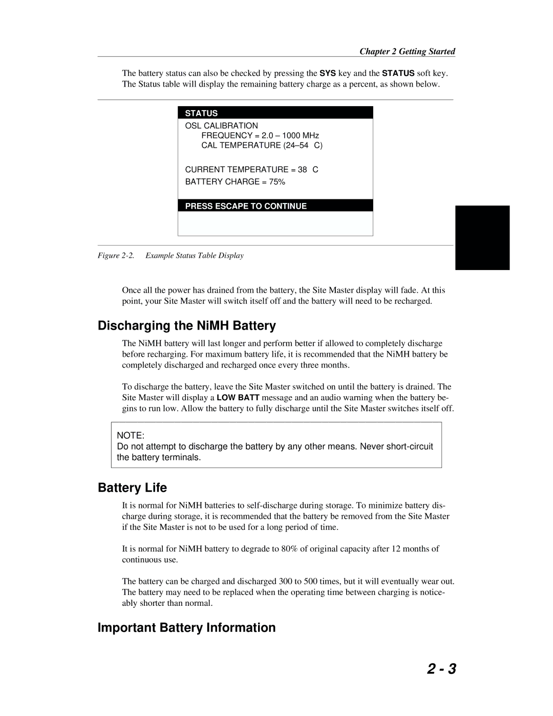 Anritsu S251B manual Discharging the NiMH Battery, Battery Life, Important Battery Information 